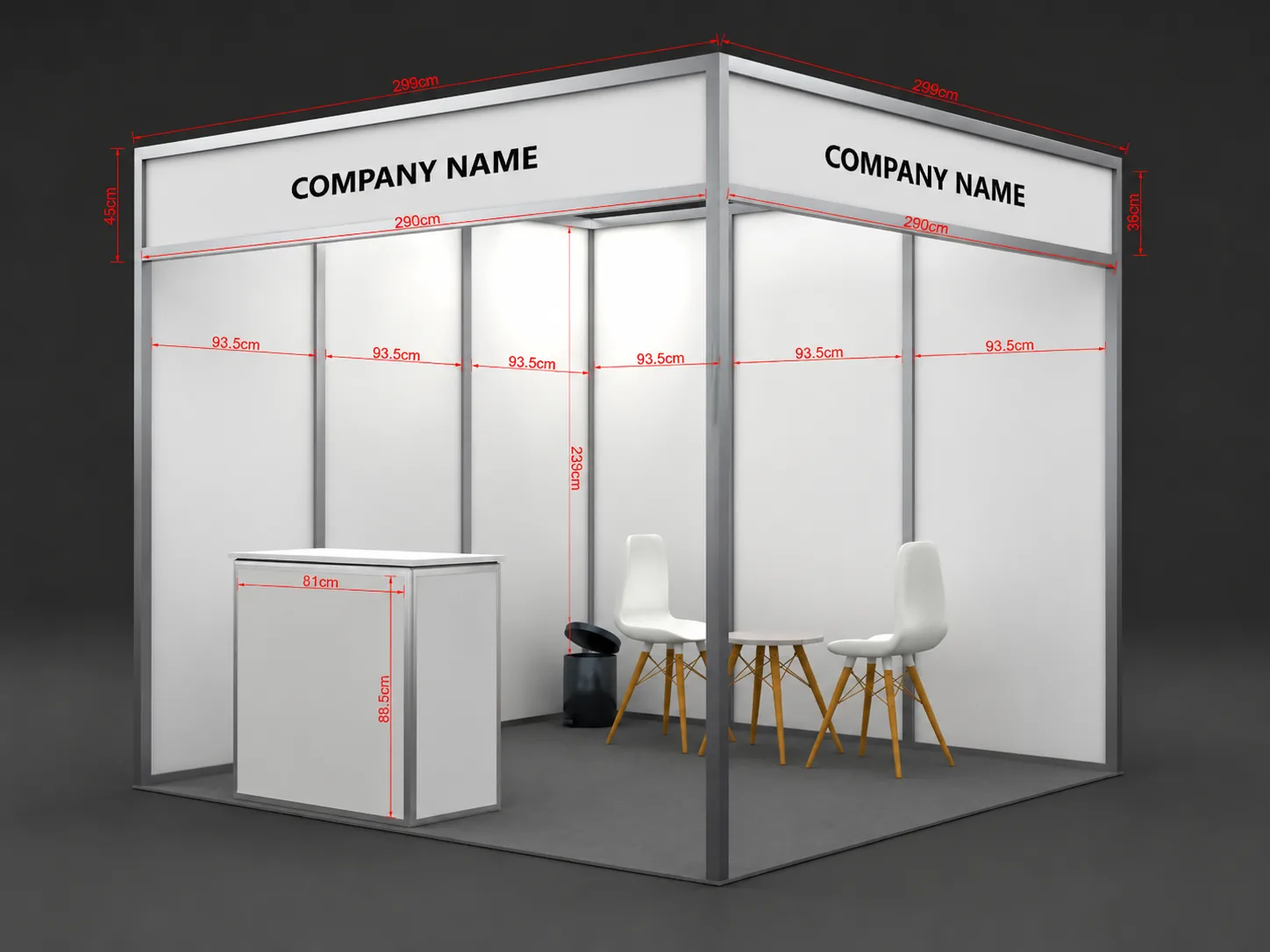 3x3 exhibition booth mockup with fascia and furniture