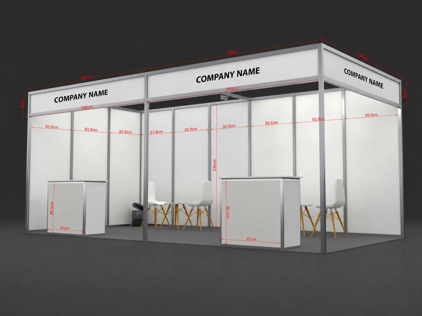 6x3 exhibition booth mockup with fascia and furniture