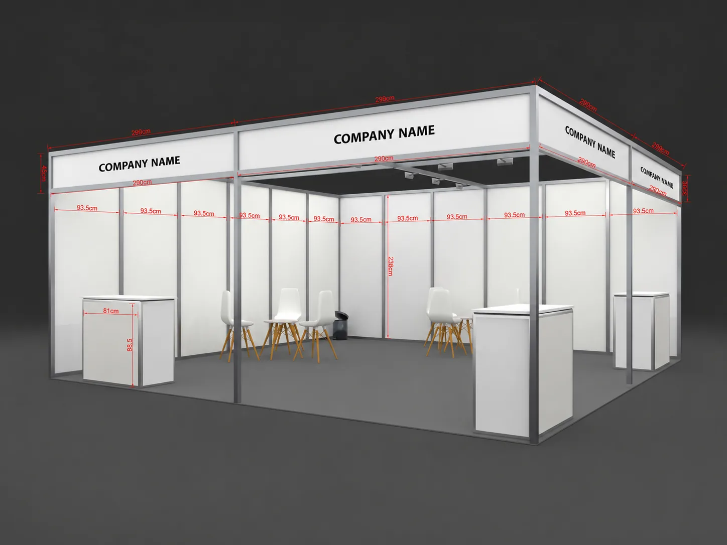 6x6 exhibition booth mockup with fascia and furniture