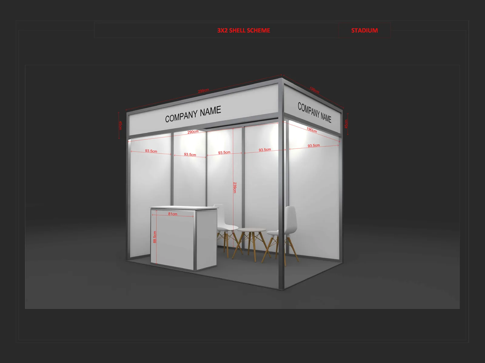 3x2 exhibition booth mockup with fascia and furniture