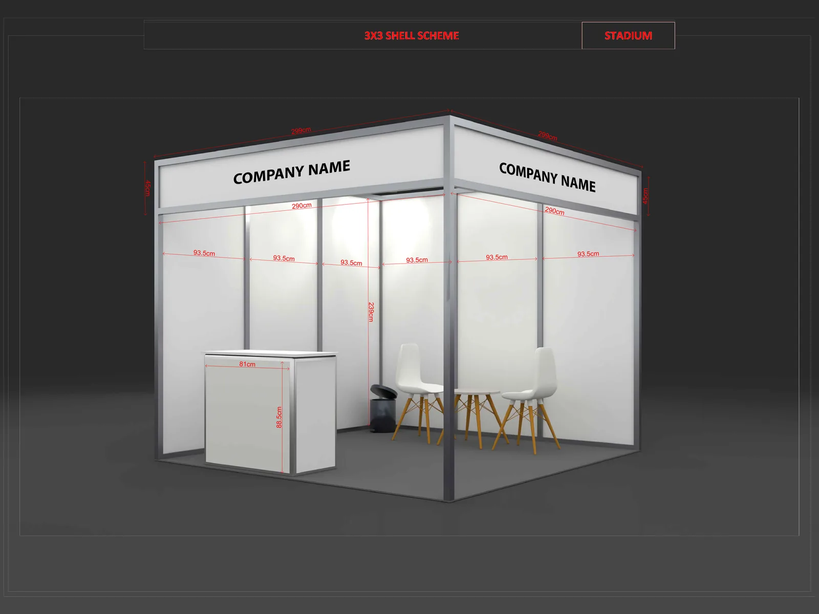3x3 exhibition booth mockup with fascia and furniture