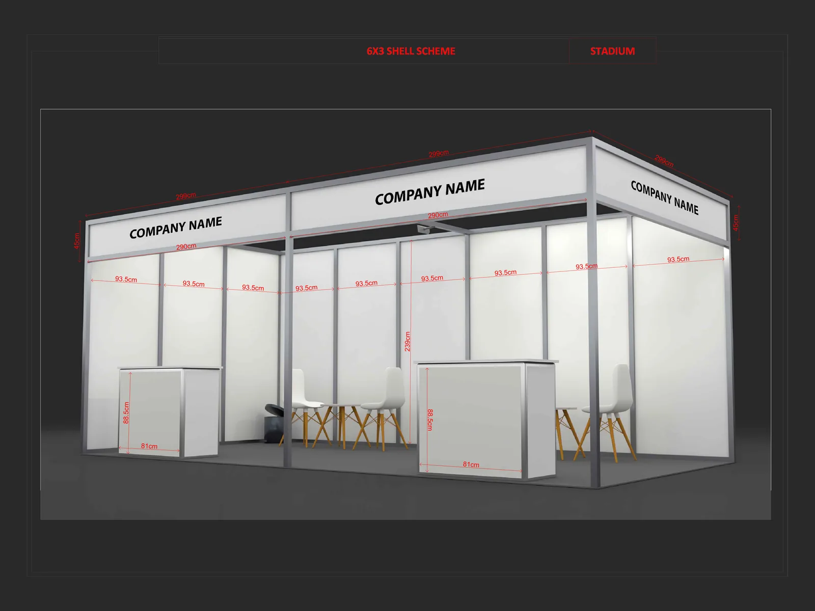 6x3 exhibition booth mockup with fascia and furniture
